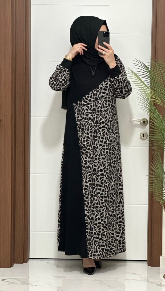 5303 K80 VİZON DESEN DİLAN ELBİSE - MODA ALMİRA