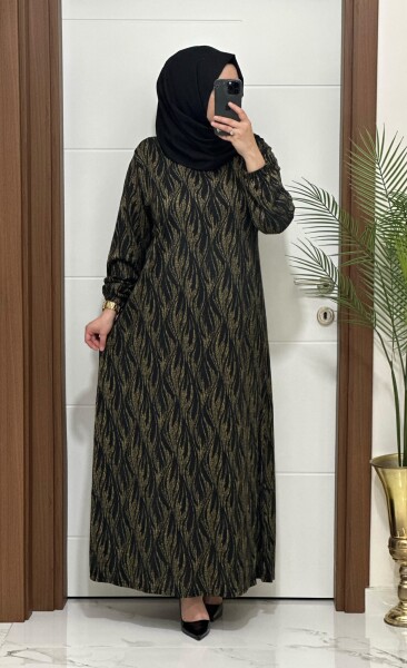 6272 K 80 GOLD SİYAH BATTAL BEDEN ALEV DESEN ELBİSE - MODA ALMİRA