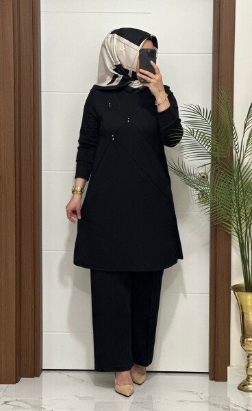 F14 K 120 SİYAH ÇİMALI TAŞLI İKİLİ TAKIM - MODA ALMİRA