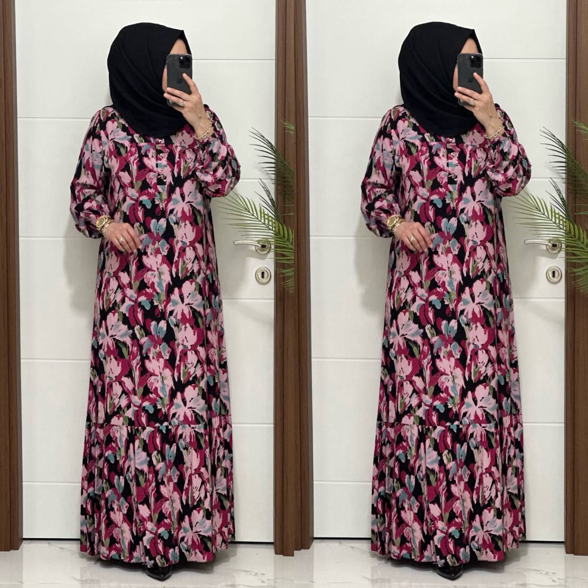 1990 K 90 PEMBE ÖNÜ DÜĞMELİ ÇİÇEKLİ VİSKON ELBİSE - 4