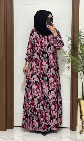 1990 K 90 PEMBE ÖNÜ DÜĞMELİ ÇİÇEKLİ VİSKON ELBİSE - MODA ALMİRA