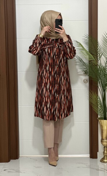 5050 K-70 KİREMİT ÇİZGİLİ VİSKON TUNİK - MODA ALMİRA