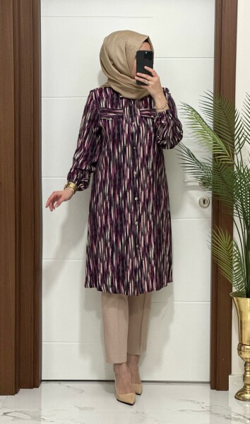 5050 K-70 MÜRDÜM ÇİZGİLİ VİSKON TUNİK - MODA ALMİRA