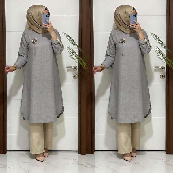 7750 K35 GRİ BROŞ HEDİYELİ BAHAR TUNİK - 3