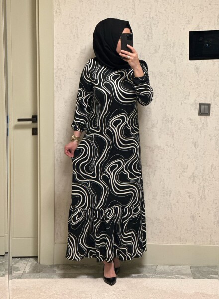 6360 K 60 SİYAH DEFNE DALGA DESEN ELBİSE - MODA ALMİRA