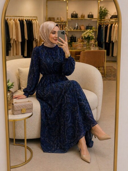 6250 K 200 MAVİ ETNİK DESEN ASTARLI ŞİFON ELBİSE - MODA ALMİRA