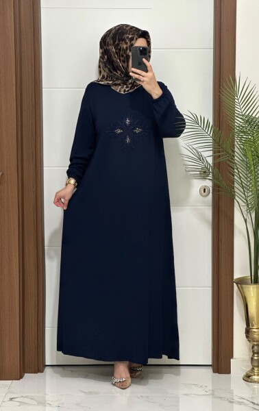 5151 K90 LACİVERT BATTAL BEDEN TAŞLI ELBİSE - MODA ALMİRA