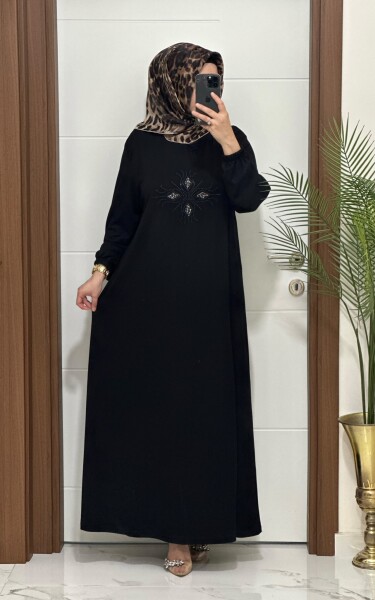 5151 K90 SİYAH BATTAL BEDEN TAŞLI ELBİSE - MODA ALMİRA