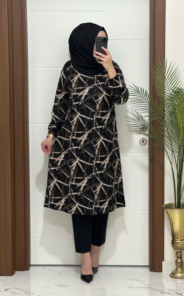 2323 K 70 KAHVE ASYA DESENLİ TUNİK - MODA ALMİRA