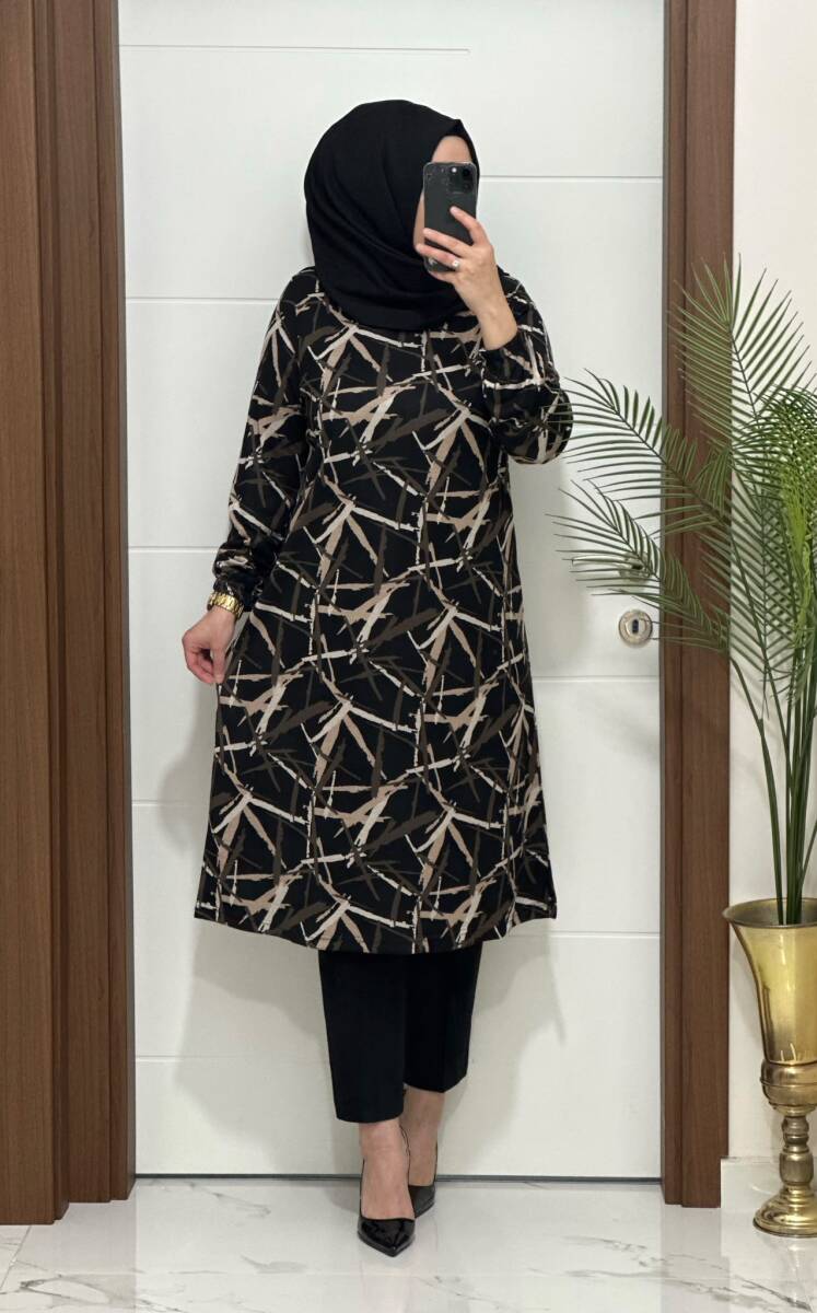 2323 K 70 KAHVE ASYA DESENLİ TUNİK - 1