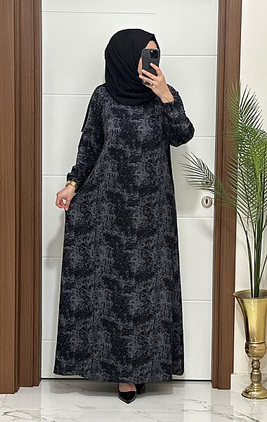 5656 K100 GRİ BATTAL BEDEN MİHRA ELBİSE - MODA ALMİRA
