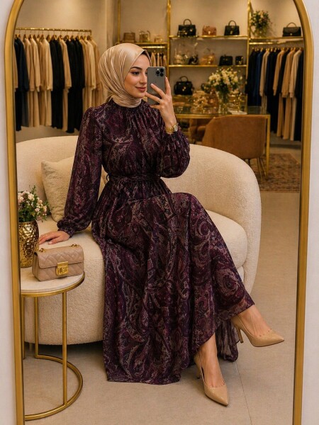 6250 K 200 MÜRDÜM ETNİK DESEN ASTARLI ŞİFON ELBİSE - MODA ALMİRA