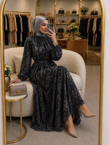 6250 K 200 GRİ ETNİK DESEN ASTARLI ŞİFON ELBİSE - MODA ALMİRA