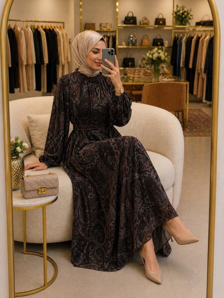 6250 K 200 KAHVE ETNİK DESEN ASTARLI ŞİFON ELBİSE - MODA ALMİRA