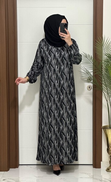 6272 K 80 GÜMÜŞ SİYAH BATTAL BEDEN ALEV DESEN ELBİSE - MODA ALMİRA