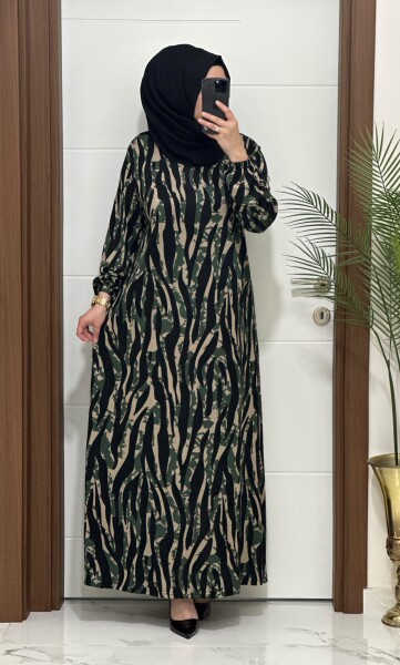 8585 K 80 YEŞİL DALGA DESEN BATTAL BEDEN ELBİSE - MODA ALMİRA