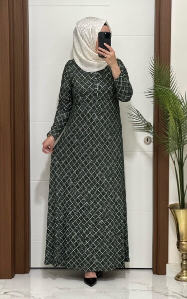 6281 K 100 YEŞİL ÖNÜ DÜGMELİ BAKLAVA DESEN ELBİSE - MODA ALMİRA