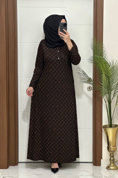 6281 K 100 KİREMİT ÖNÜ DÜGMELİ BAKLAVA DESEN ELBİSE - MODA ALMİRA