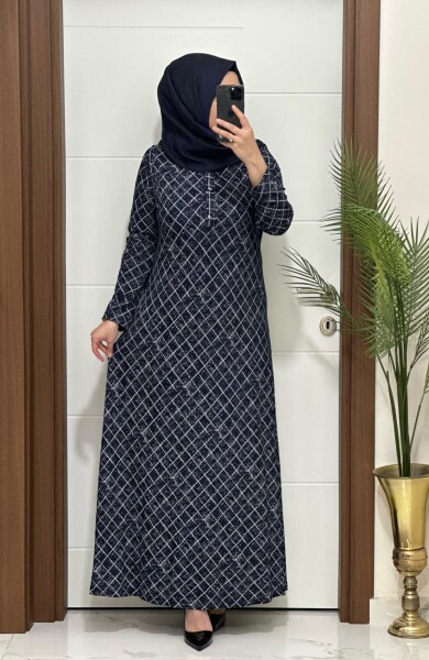 6281 K 100 LACİVERT ÖNÜ DÜGMELİ BAKLAVA DESEN ELBİSE - MODA ALMİRA