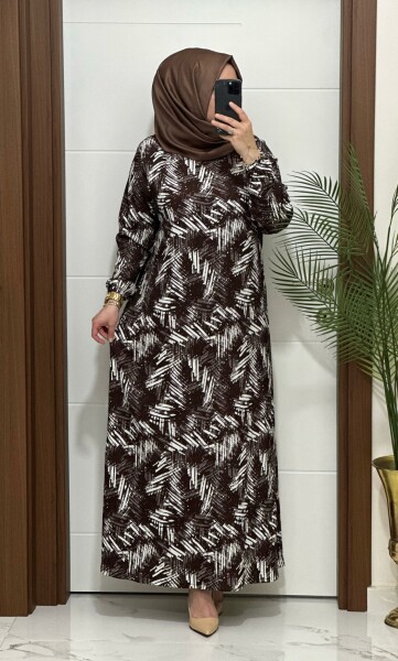 6315 K 80 KAHVERENK ÇİZGİ DESEN BÜRÜMCÜK ELBİSE - MODA ALMİRA