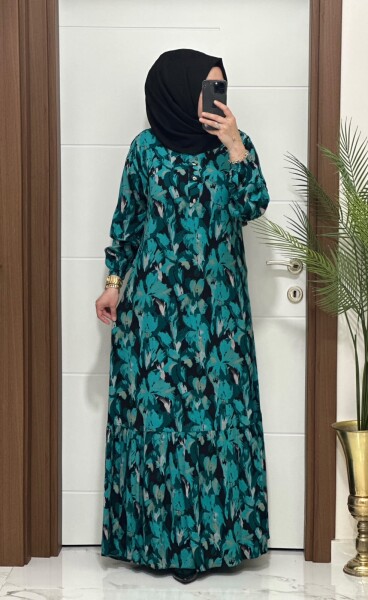 1990 K 90 YEŞİL ÖNÜ DÜĞMELİ ÇİÇEKLİ VİSKON ELBİSE - MODA ALMİRA