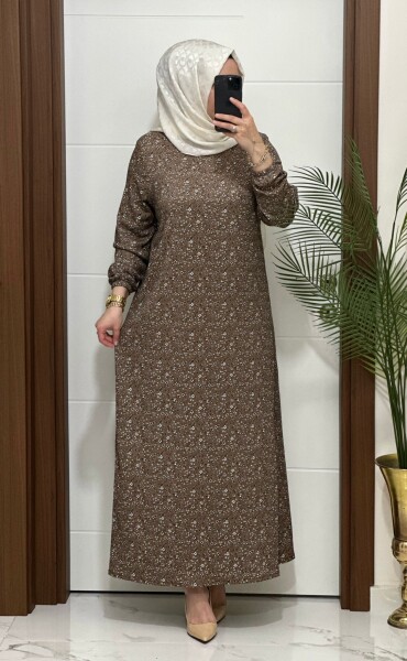 6315 K 80 KAHVE ÇITIR ÇİÇEKLİ BÜRÜMCÜK ELBİSE - MODA ALMİRA