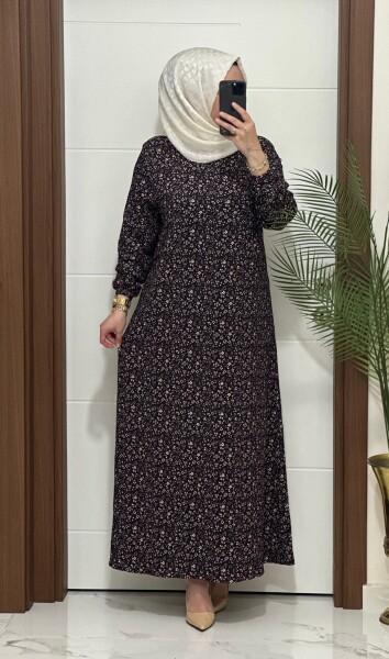 6315 K 80 SİYAH ÇITIR DESEN ÇİÇEKLİ BÜRÜMCÜK ELBİSE - MODA ALMİRA