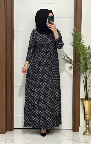 6281 K 100 SİYAH ÖNÜ DÜGMELİ BAKLAVA DESEN ELBİSE - MODA ALMİRA