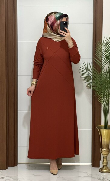 F10 K 100 VİZON ÇAPRAZ ÇIMALI TAŞLI ELBİSE - MODA ALMİRA
