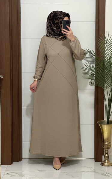 F10 K 100 VİZON ÇAPRAZ ÇIMALI TAŞLI ELBİSE - MODA ALMİRA