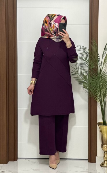 F14 K 120 MOR ÇİMALI TAŞLI İKİLİ TAKIM - MODA ALMİRA