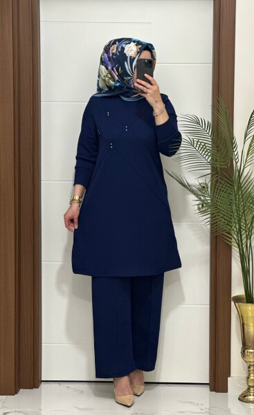 F14 K 120 LACİVERT ÇİMALI TAŞLI İKİLİ TAKIM - MODA ALMİRA