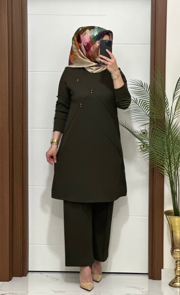 F14 K 120 HAKİ ÇİMALI TAŞLI İKİLİ TAKIM - MODA ALMİRA